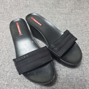 Prada Sport Authentic Solid Black Leather Platform Wedge Slides Sandals 36.5